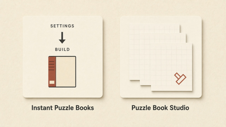Two cards comparing Instant Puzzle Books, settings to a built book, with Puzzle Book Studio, pages you compose