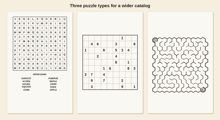 Three puzzle types for a wider catalog: word search, sudoku and hex maze