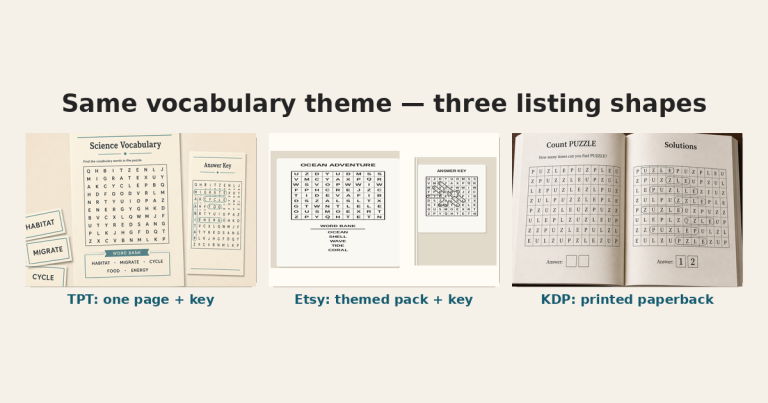 Three side-by-side cards at 1200 by 630 showing a Science Vocabulary TPT worksheet with answer key, an example Ocean Adventure Etsy word-search pack stack with answer key sheet, and an open Count PUZZLE KDP paperback spread, no marketplace logos and no software UI