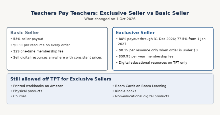 Typographic Teachers Pay Teachers graphic comparing Basic Seller and Exclusive Seller fees, payout rates, and what Exclusive Sellers may still sell off TPT as of 1 Oct 2026