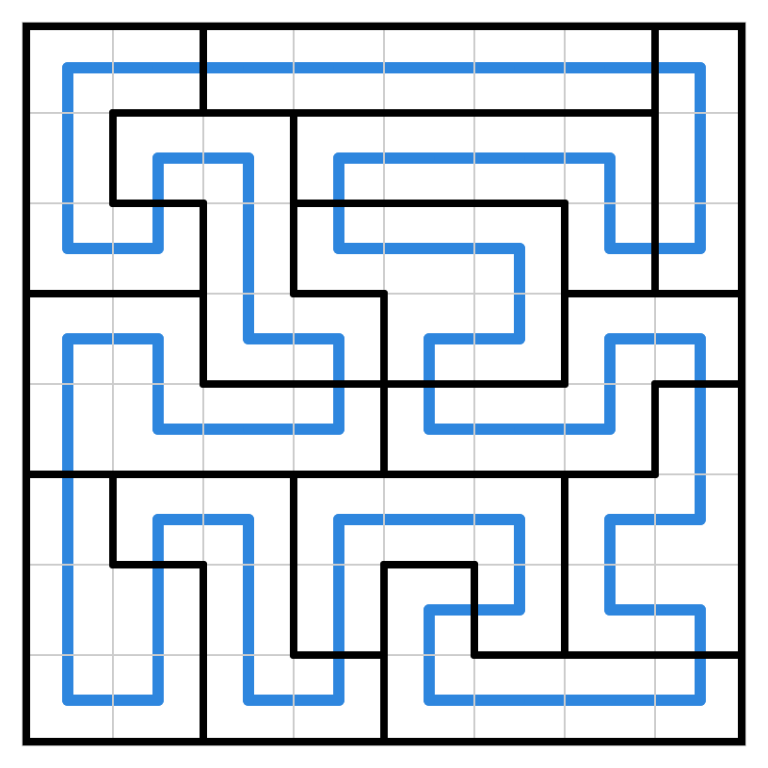 Solved 8x8 Country Tour puzzle with the loop drawn in blue through bold-bordered regions