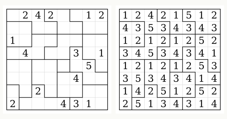 An 8 by 8 Number Blocks puzzle page beside its answer key, bold irregular cage borders, givens on white cells