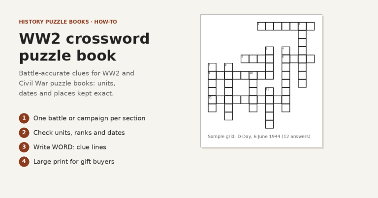 WW2 crossword puzzle book how-to cover with four steps and a crossword sample