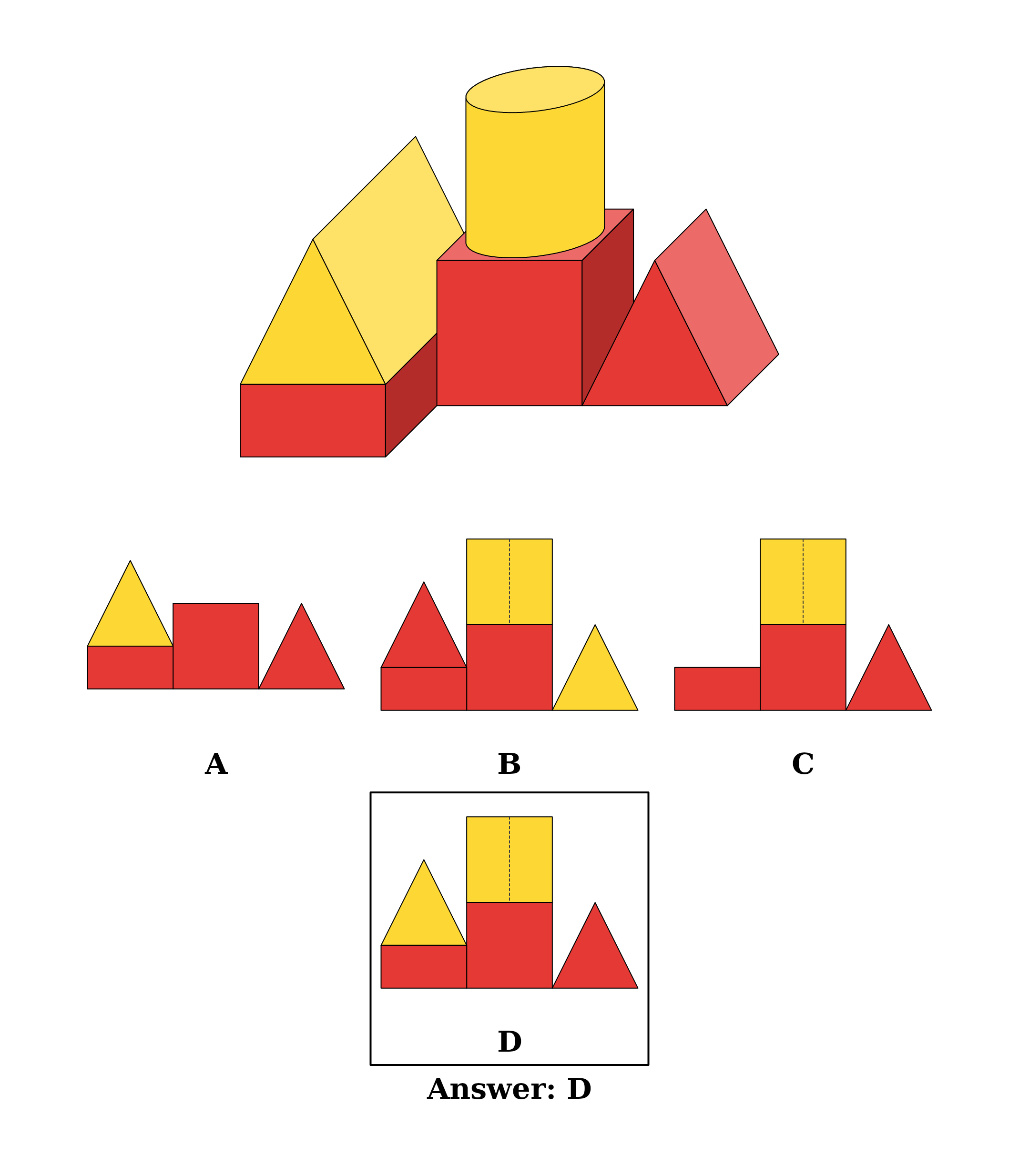 The answer key for the front-view puzzle, with option D ringed
