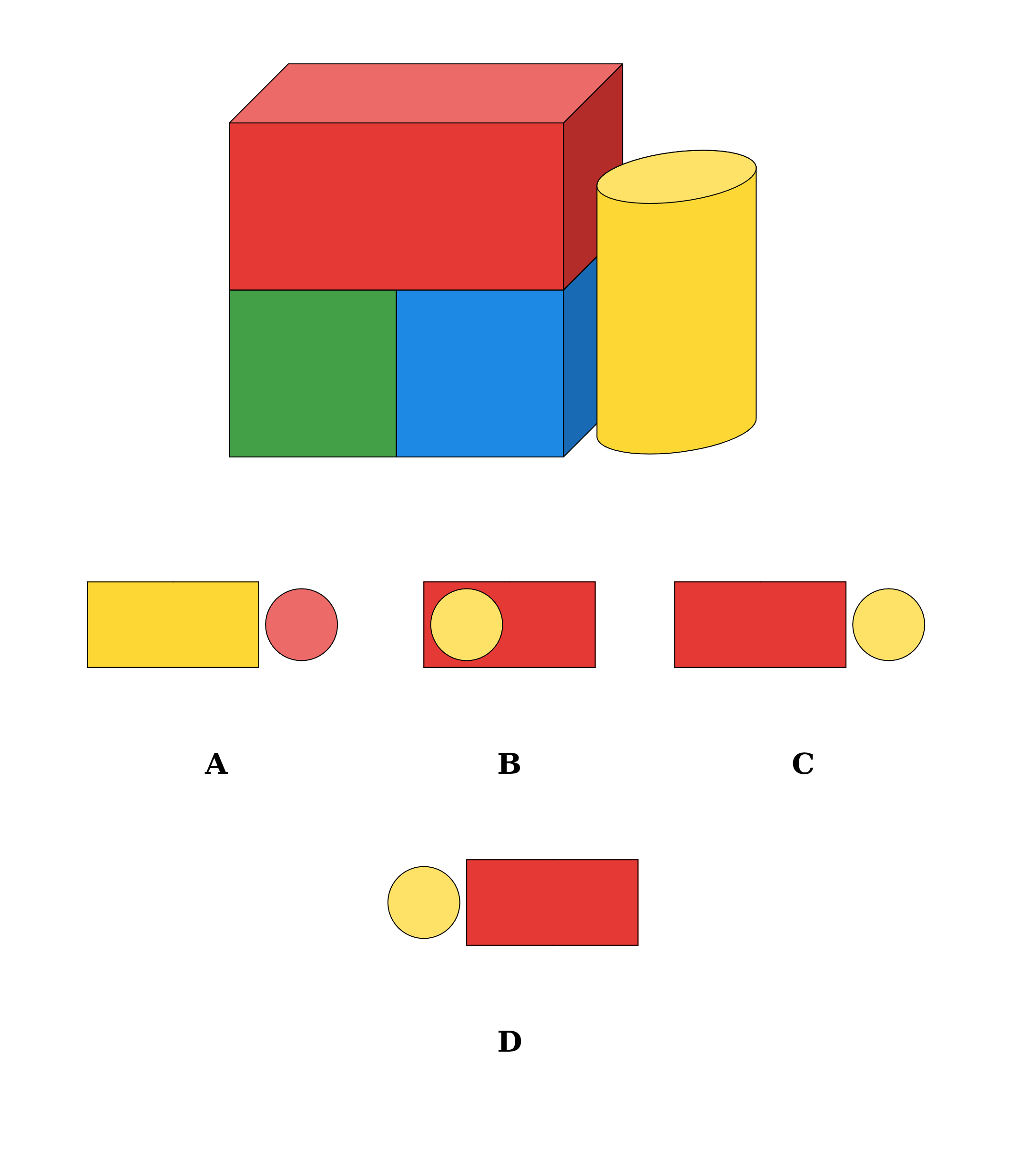 A red brick resting on a green cube and a blue cube, with a yellow cylinder beside them, and four lettered top views