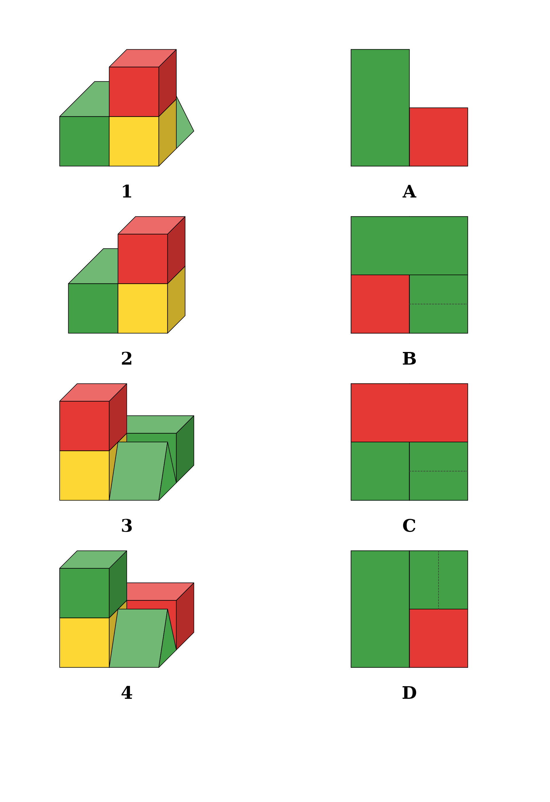 A two-column matching worksheet: four numbered buildings on the left and their four top views, shuffled and lettered, on the right
