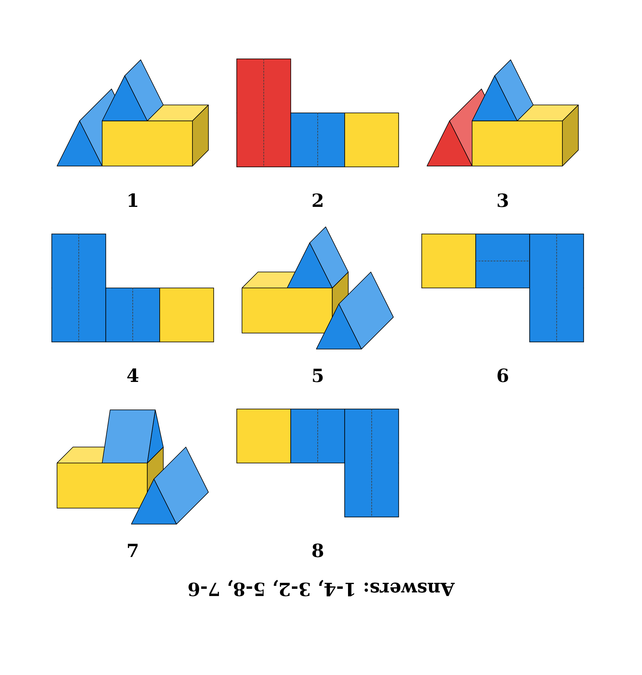 A mixed matching grid of eight numbered pictures, buildings and top views, with the answers printed upside down at the bottom