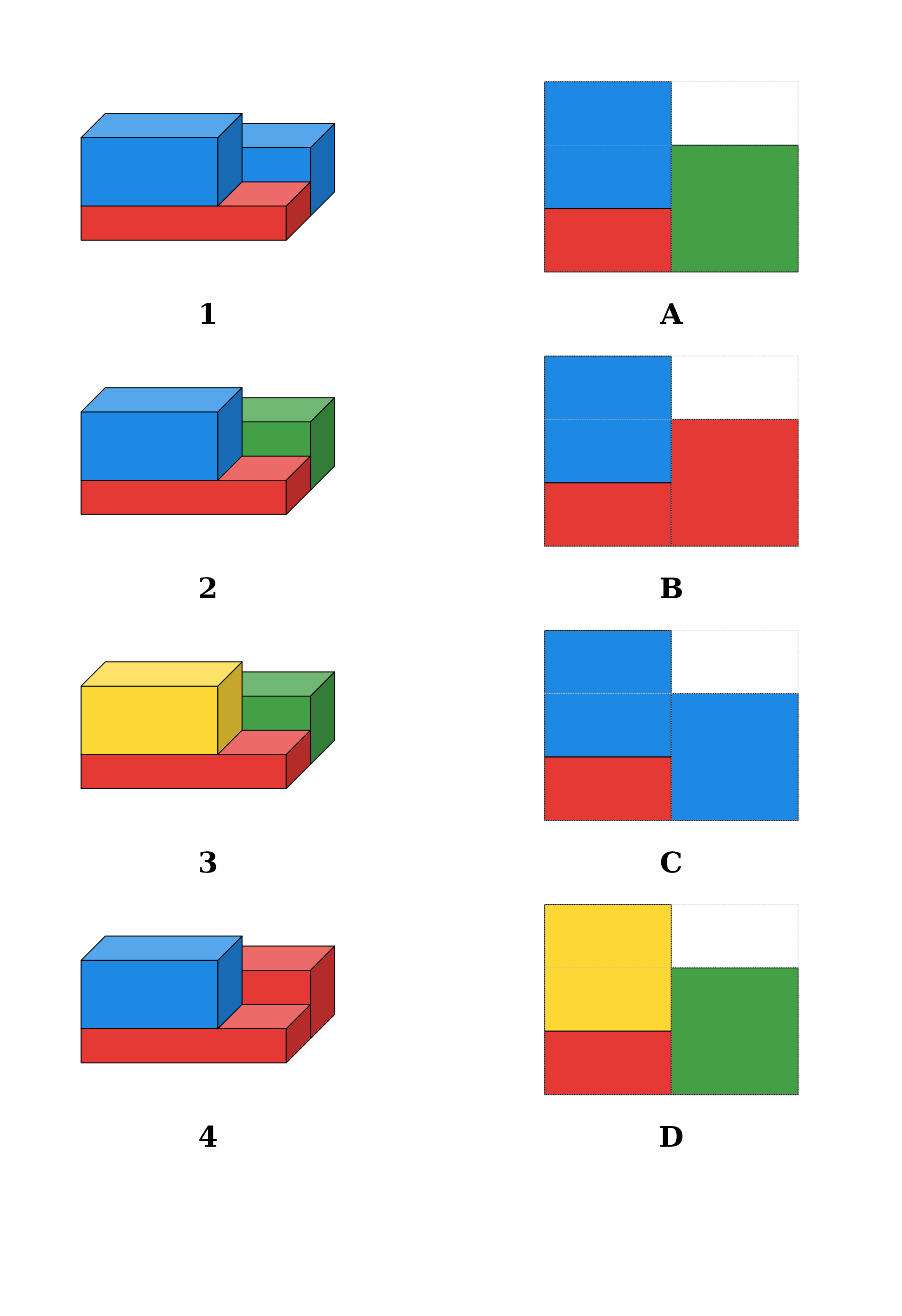 A side-view matching worksheet with the grid on: four numbered buildings and their side views, shuffled and lettered