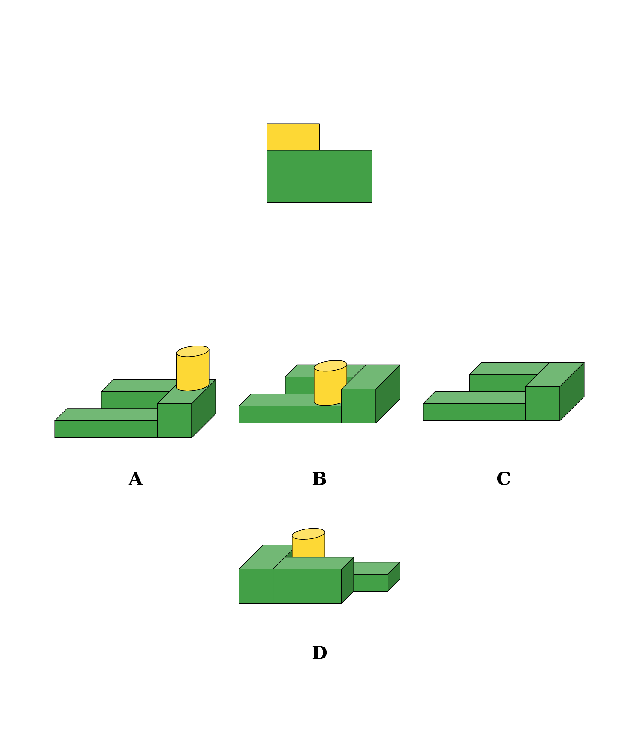 A side view at the top of the page: a long green block with a yellow cylinder peeking over its left half, and four lettered green buildings with yellow cylinders below