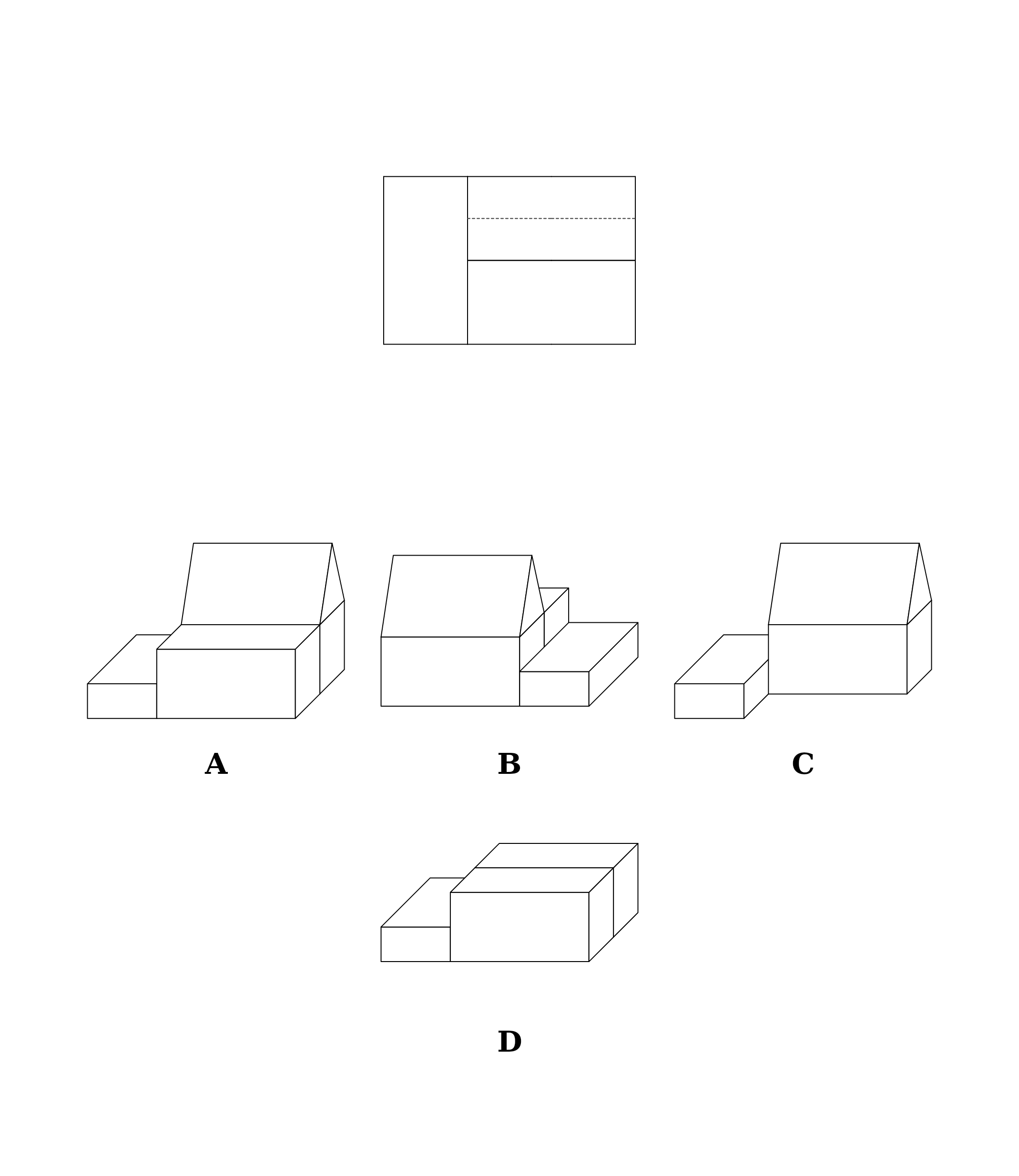 A top view at the top of the page and four lettered buildings below, drawn in outline only for colouring