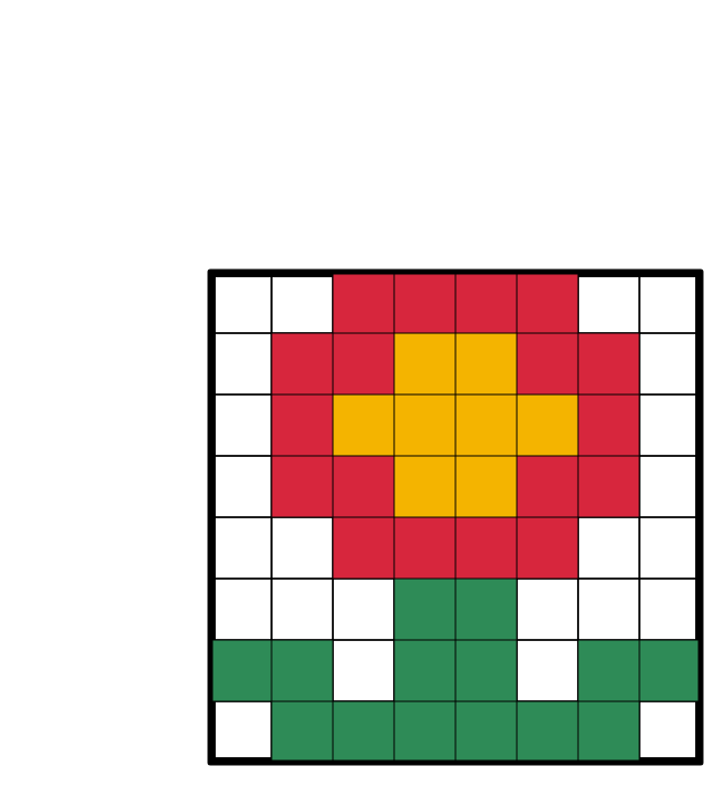 The solved color nonogram: a red flower with a yellow center and green leaves