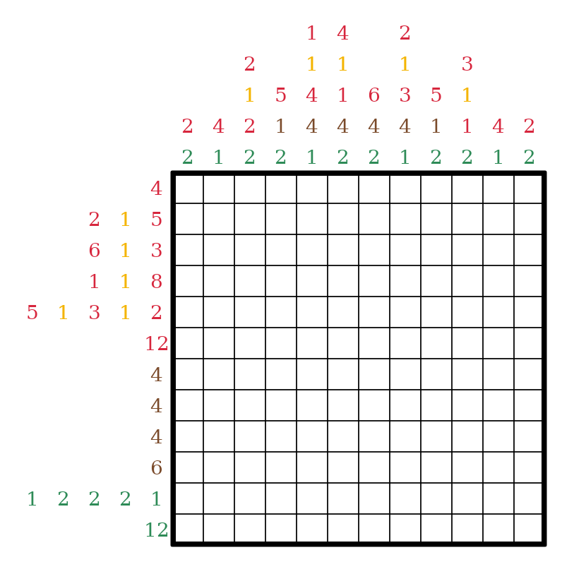 A 12 by 12 color nonogram puzzle with red, yellow, brown and green clue numbers around an empty grid