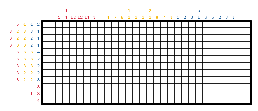A color nonogram puzzle whose picture is the word JOY in red, orange and blue