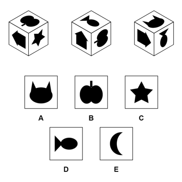 Three views of one cube with black shapes, and five square answer options A to E for the hidden sixth face