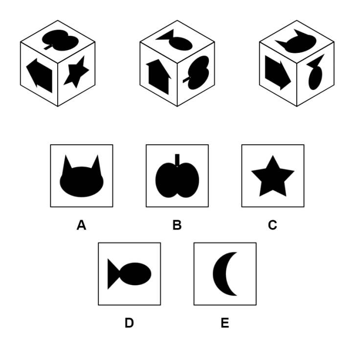 Three views of one cube with black shapes, and five square answer options A to E for the hidden sixth face