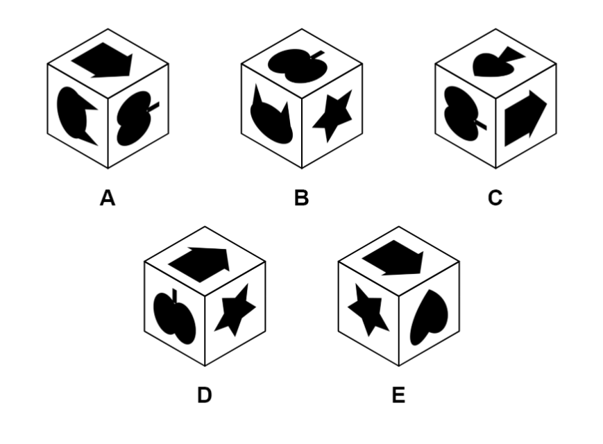 A spatial reasoning cube puzzle: five drawings of a cube with black shapes on its faces, labeled A to E, one of which cannot be the same cube