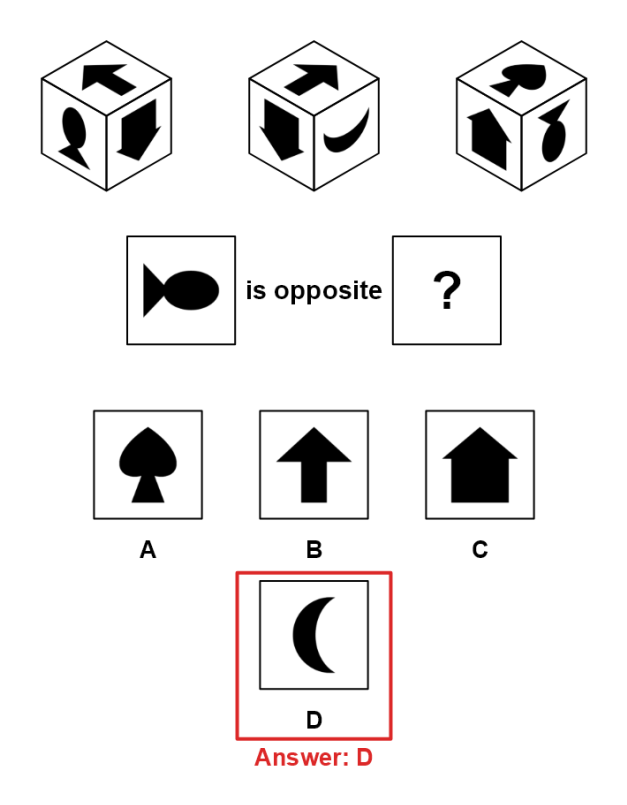 An opposite-face cube puzzle with three cube views, the question fish is opposite which face, four options and option D ringed with Answer: D