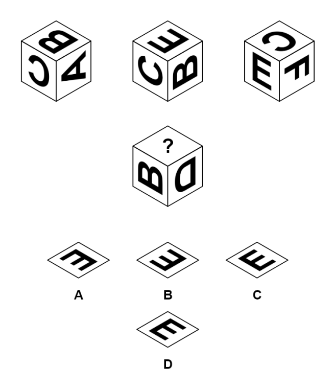 A which-way-it-points cube puzzle with letters on the faces and four turned letter E options A to D