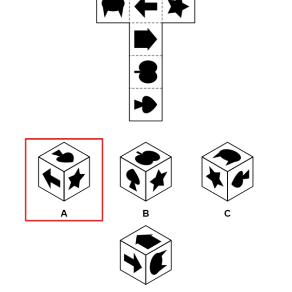 The answer key for a cube net puzzle: the correct cube ringed in red and "Answer: A" written below