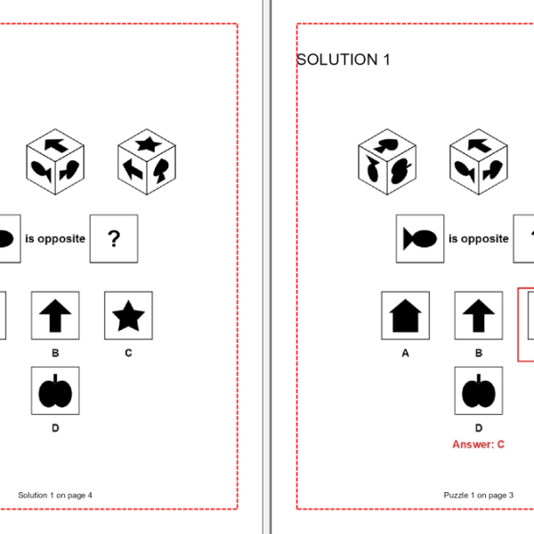 A book spread in Puzzle Book Studio: an opposite-face puzzle on the left page and its ringed solution on the right, with page cross-references in the footers