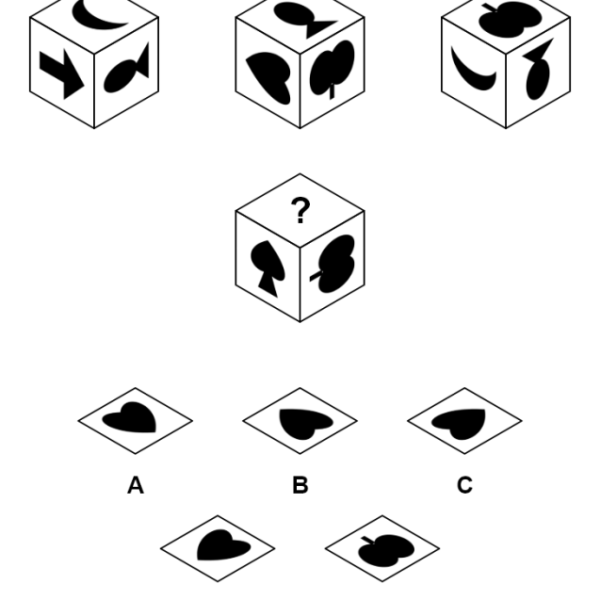 A cube puzzle with three views of one cube and a question mark on the top face of a fourth, with five possible top faces below