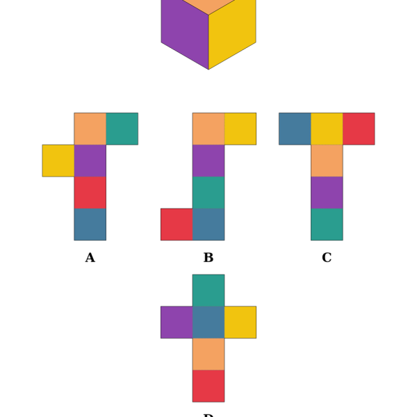 A cube to net puzzle with a colored cube at the top and four colored nets A to D below
