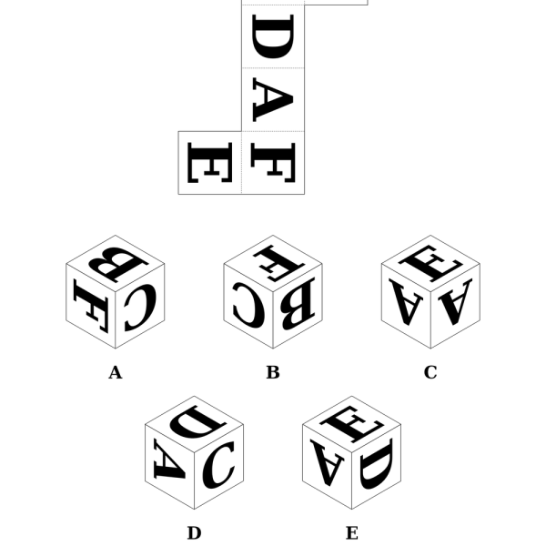 A cube net puzzle with letters on the faces and five lettered cube options, one showing the letter A on two sides