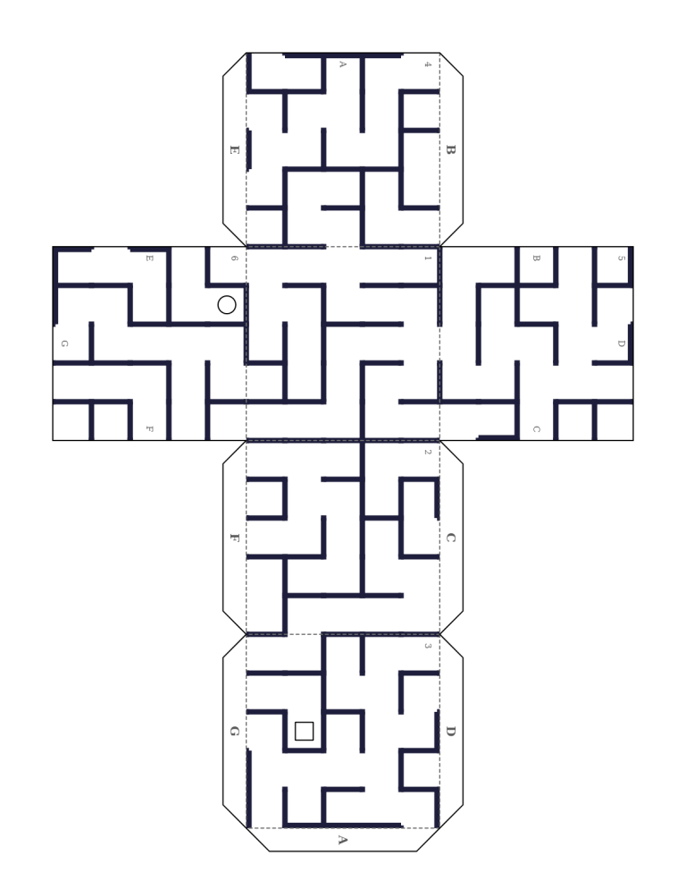 Foldable maze net in black and white, ready to color, cut and fold