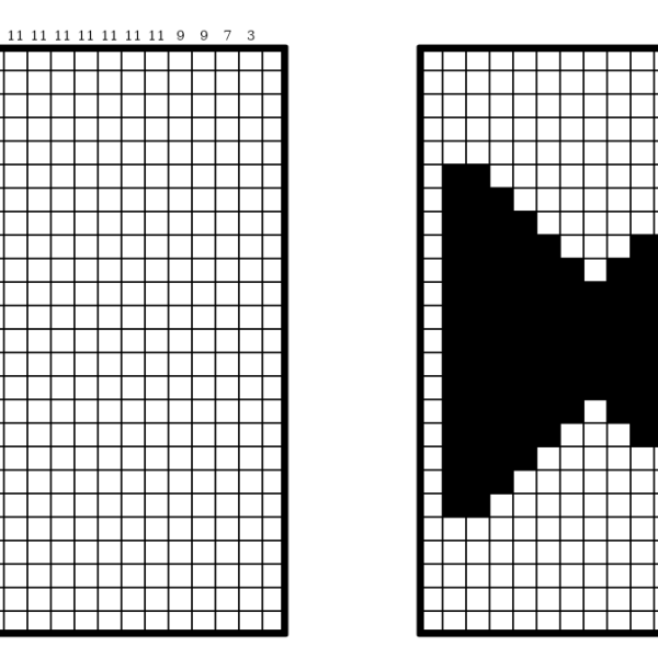A black-and-white nonogram of a fish beside its answer key