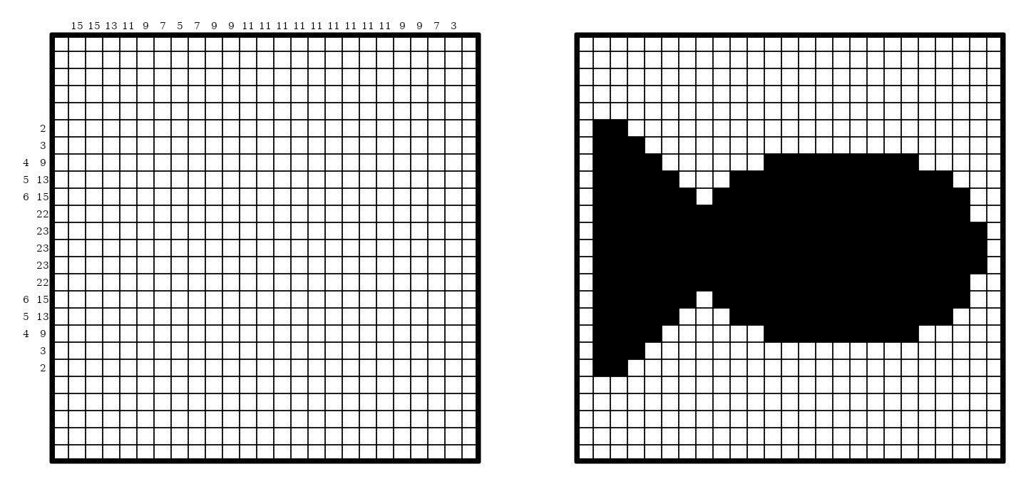 A black-and-white nonogram of a fish beside its answer key