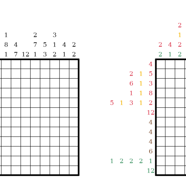 The same 12 by 12 mushroom picture as two puzzles: a black-and-white nonogram with black clue numbers on the left, and a color nonogram with red, yellow, brown and green clue numbers on the right