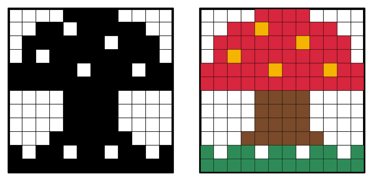 The same mushroom solved two ways: a black silhouette on the left and the full-color mushroom on the right