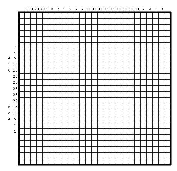 A 25 by 25 black-and-white nonogram puzzle with its row and column clues around an empty grid