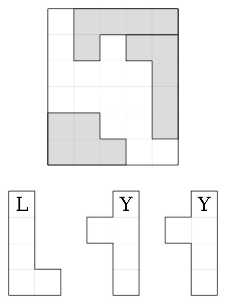 Pentomino puzzle: a board with shaded starters and the L and Y pieces to place