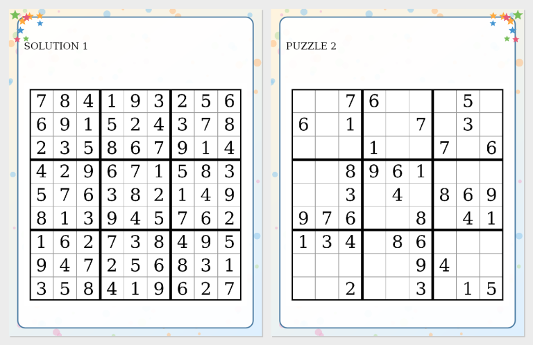 Puzzle book spread with a sudoku solution page and a puzzle page in a themed frame