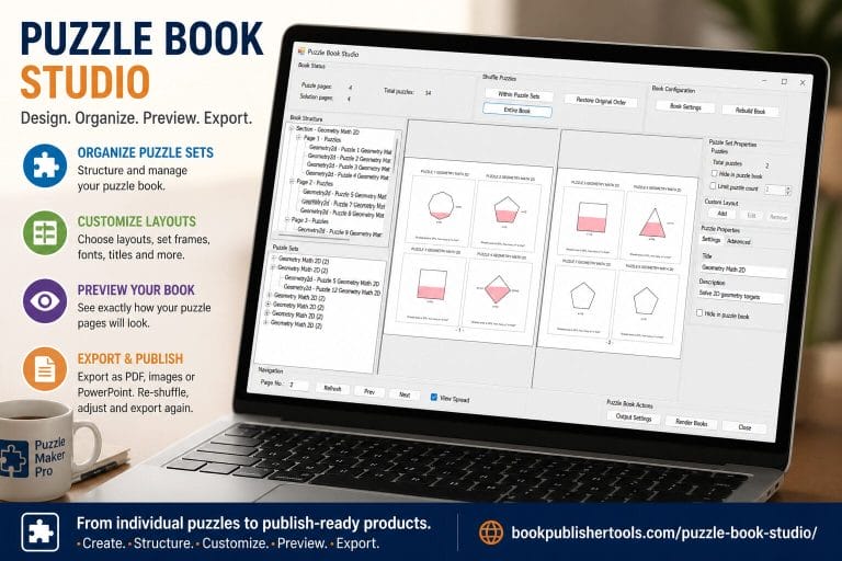 Puzzle Book Studio overview: design, organize, preview and export puzzle books, shown on a laptop
