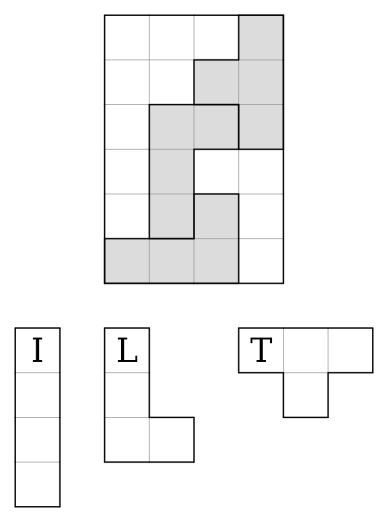 Tetromino puzzle: a board with shaded starters and the I, L and T pieces to place